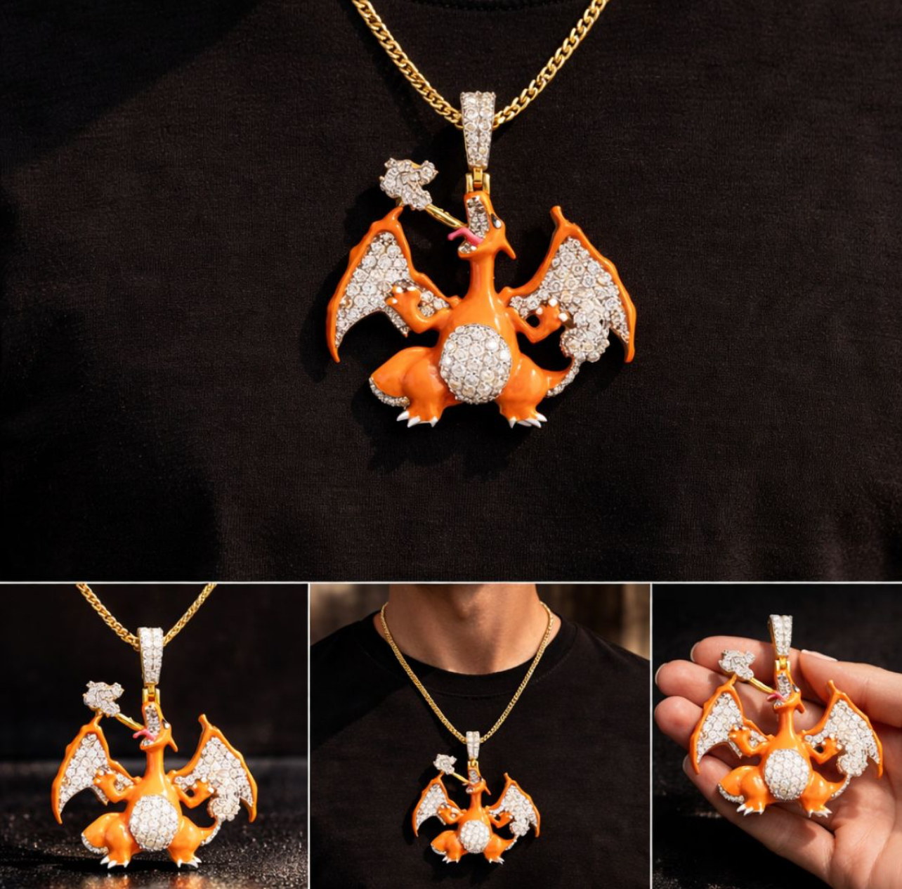 Iced Fire Dragon Statement Pendant – Sterling Silver Lab Diamond Finish