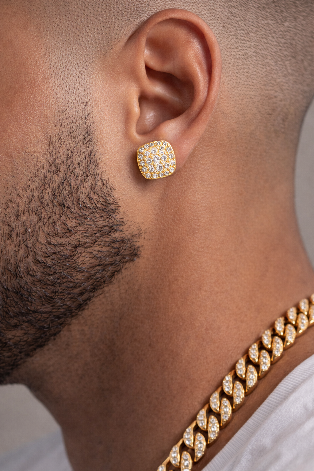 Iced Cushion Cluster Stud Earrings 0.44CT – Sterling Silver (Yellow Gold Finish)