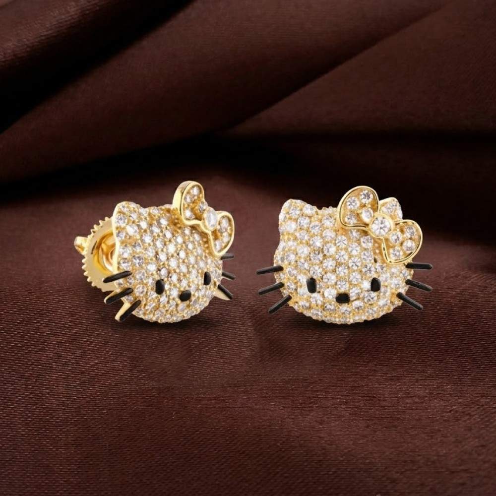 Iced Kitty Face Stud Earrings – Micro Pave Diamond Design (0.62 CT) – Sterling Silver