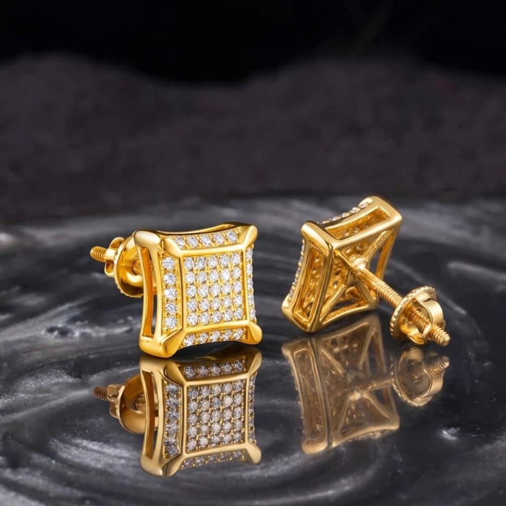 Minimal Iced Square Stud Earrings 0.30CT – Sterling Silver (Yellow Gold Finish)