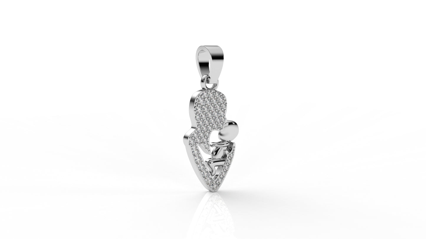 Iced Mother & Child Heart Pendant – 0.26 CT Diamond Accent | Sterling Silver