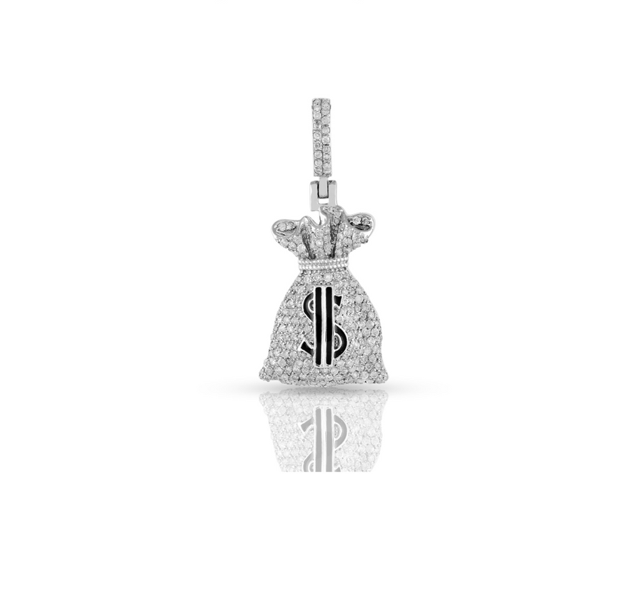 Silver and diamonds money bag pendant with dollar sign design GLAM NYC