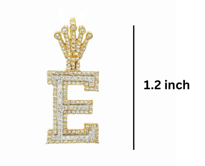 Gold and diamond-encrusted letter 'E' pendant dimensions GLAM NYC