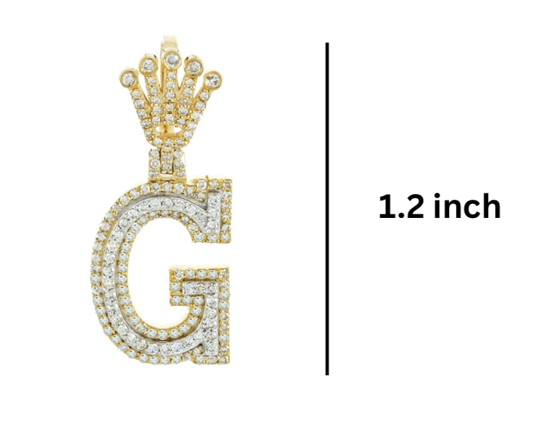 Gold and diamond-encrusted letter 'G' pendant dimensions GLAM NYC