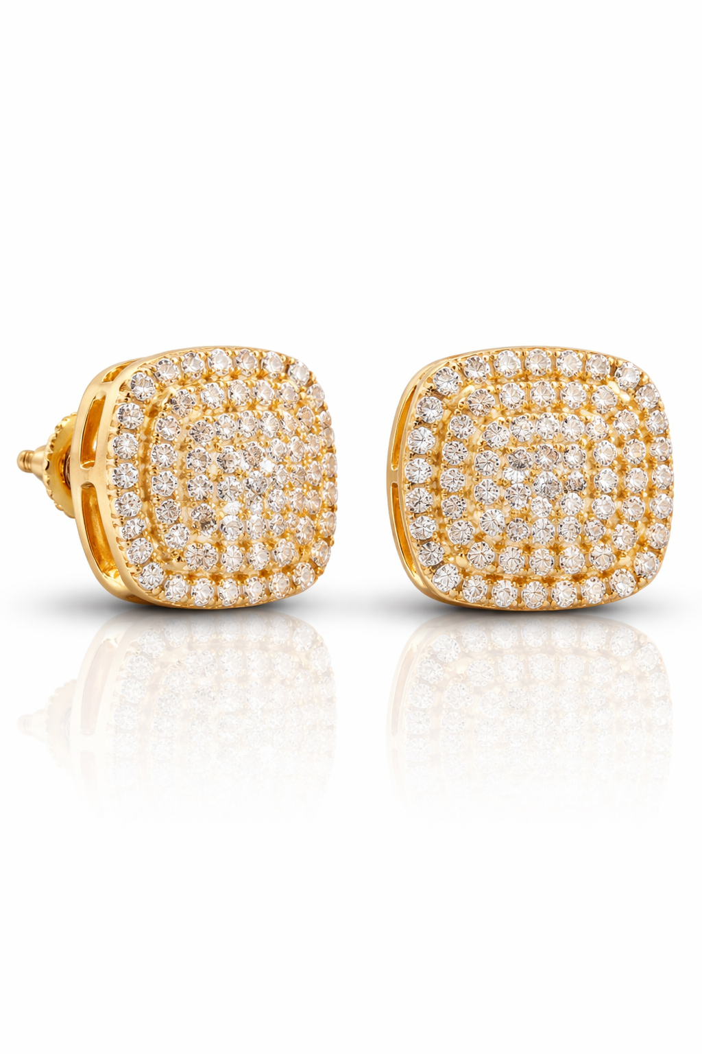 Iced Cushion Cluster Stud Earrings 0.44CT – Sterling Silver (Yellow Gold Finish)