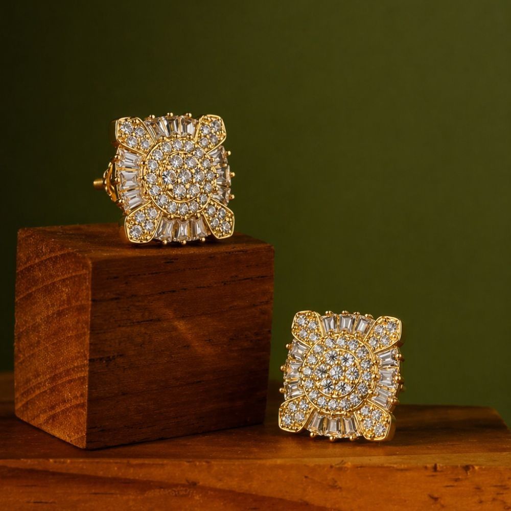 Iced Cluster Square Stud Earrings 1.15CT – Sterling Silver (Yellow Gold Finish)