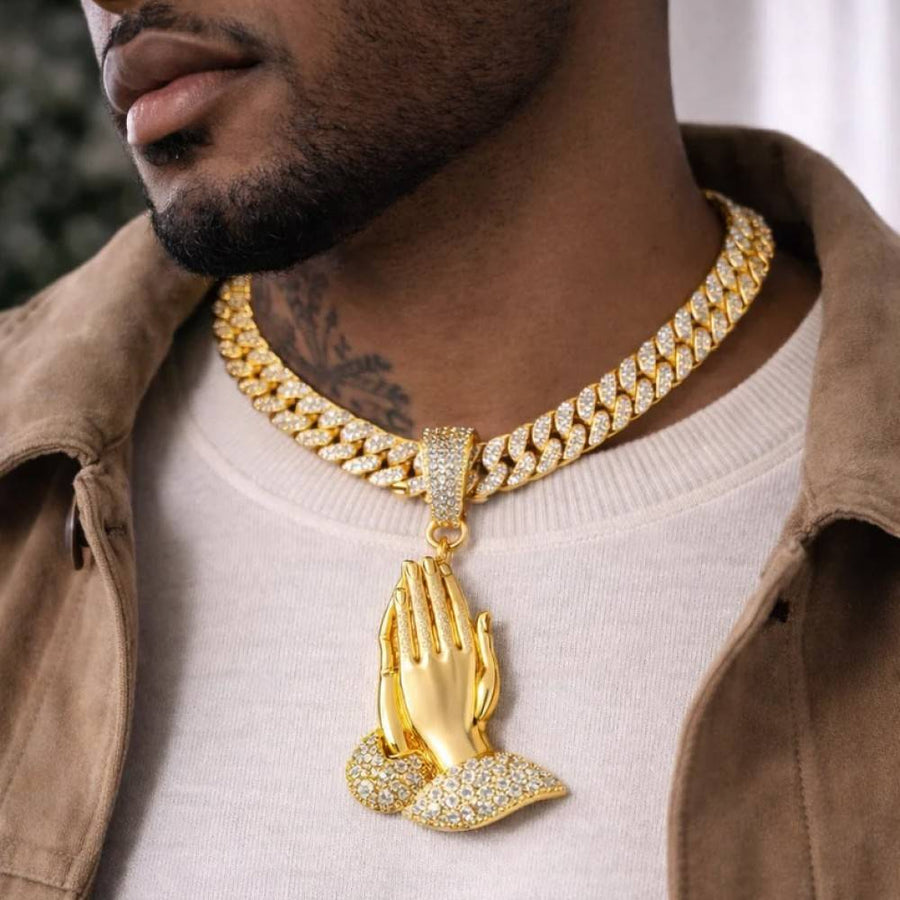 gold chain necklace with a praying hands pendant GLAM NYC