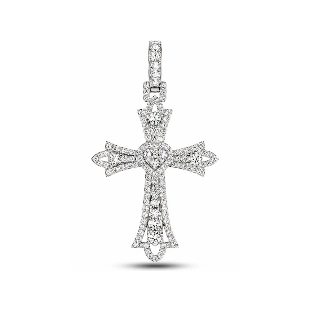 Ornate Heart-Center Diamond Cross Pendant – Sterling Silver