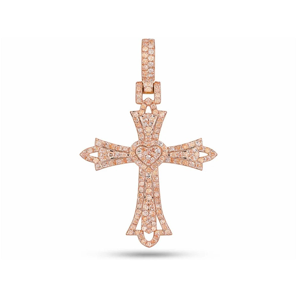 Ornate Heart-Center Diamond Cross Pendant – Sterling Silver